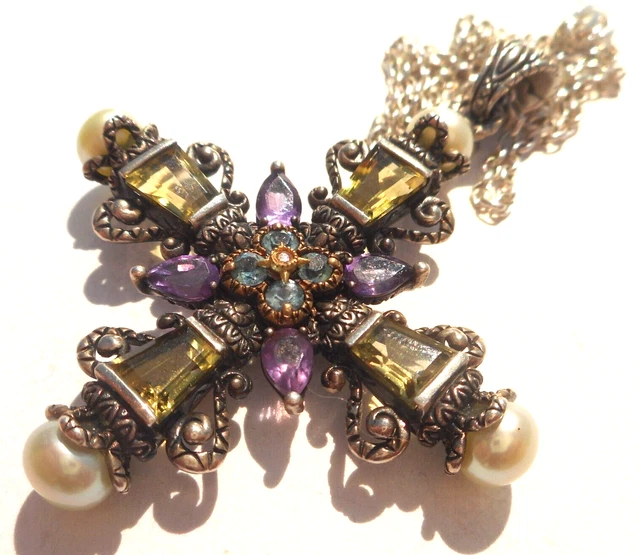 Barbara Bixby Maltese Cross Citrine Pearl Topaz Flower Enhancer Pendant