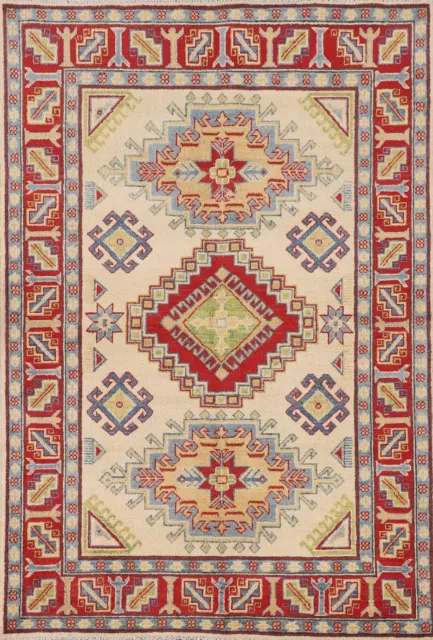 Tribal Ivory/ Red Wool Hand-knotted Geometric Super Kazak Oriental Area Rug 4x6