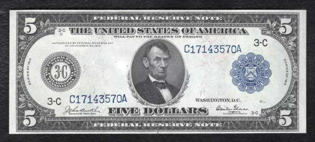 Fr.853 1914 $5 Frn Federal Reserve Note Philadelphia, Pa “Burke/Glass” About Unc