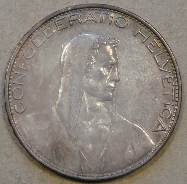 Switzerland 1926-B Five Francs AU Silver Crown as Pictured