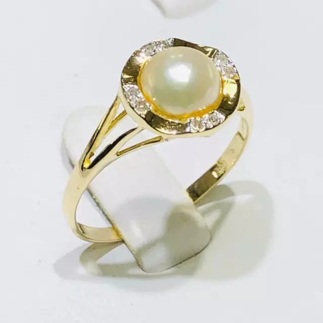 14k Yellow Gold Genuine Diamonds & Cultured Pearl Halo Band Ring Size 9 Gift