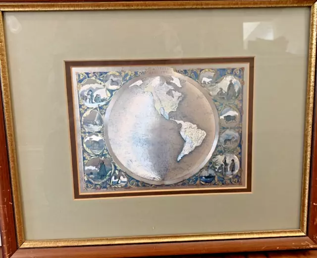 Vintage Windsor Art Foil World Map Western Hemisphere Framed