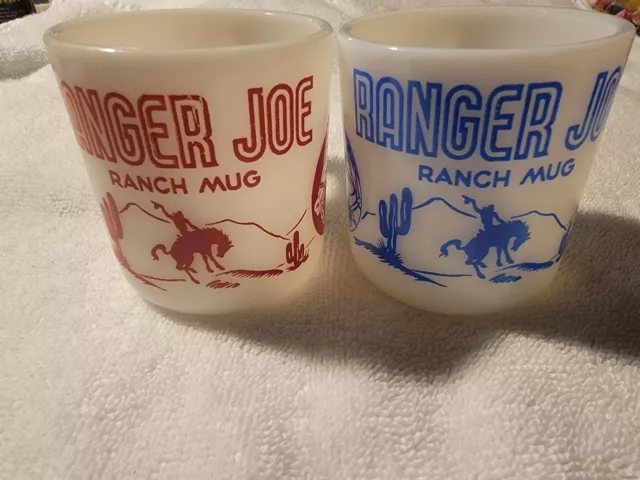 1950s Ranger Joe Hazel Atlas Ranch Mug Milk Glass Coffee Cup Red And Blue