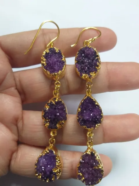 Agate Gold Edge Earring, Chandelier Long Earring, Geode Purple Gemstone Jewelry