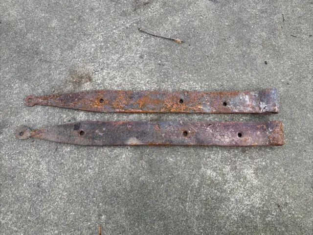 Antique Pair 16” Hand Forged Iron Barn Door Strap Hinges (d)