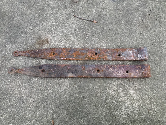 Antique Pair 16” Hand Forged Iron Barn Door Strap Hinges (d)