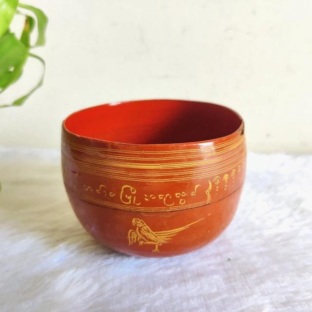 1920s Vintage Lacquered Hand Painted Straw Woven Burmese Wooden Bowl W640