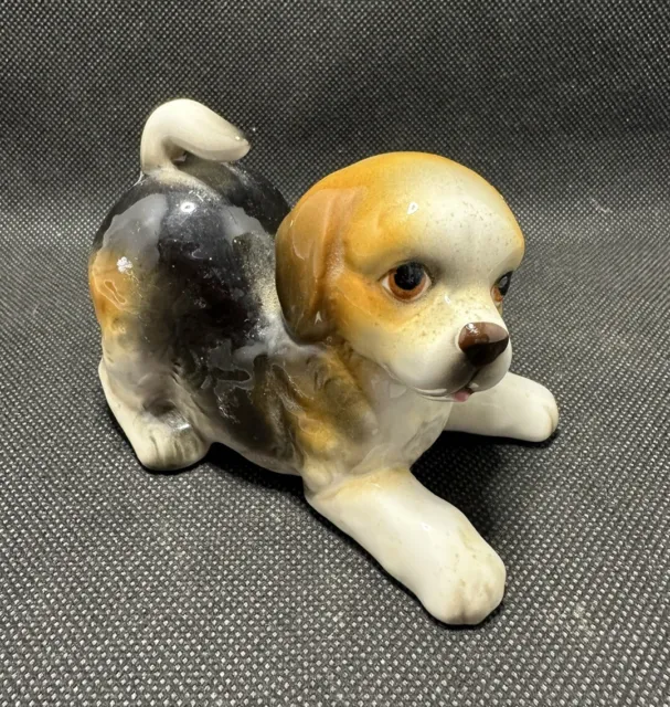 Vintage Lefton Beagle Ceramic Pouncing Puppy Dog Figurine #04714 Brown & Black