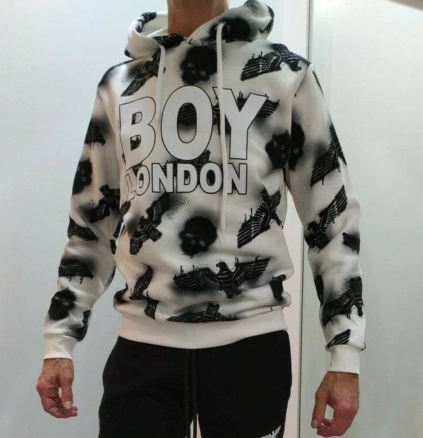 Boy London Felpa Uomo Donna Cappuccio Panna Off White Teschi Logo - Blu7136