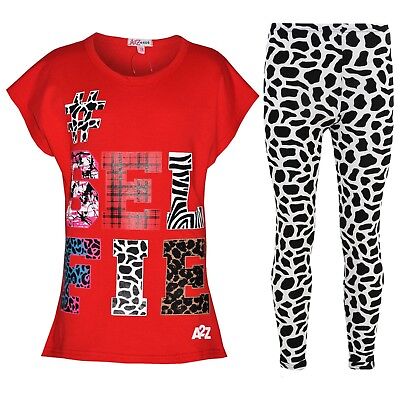 Kids Girls Tops Selfie Print Trendy Red T Shirt Top & Fashion Legging Set 7-13Yr