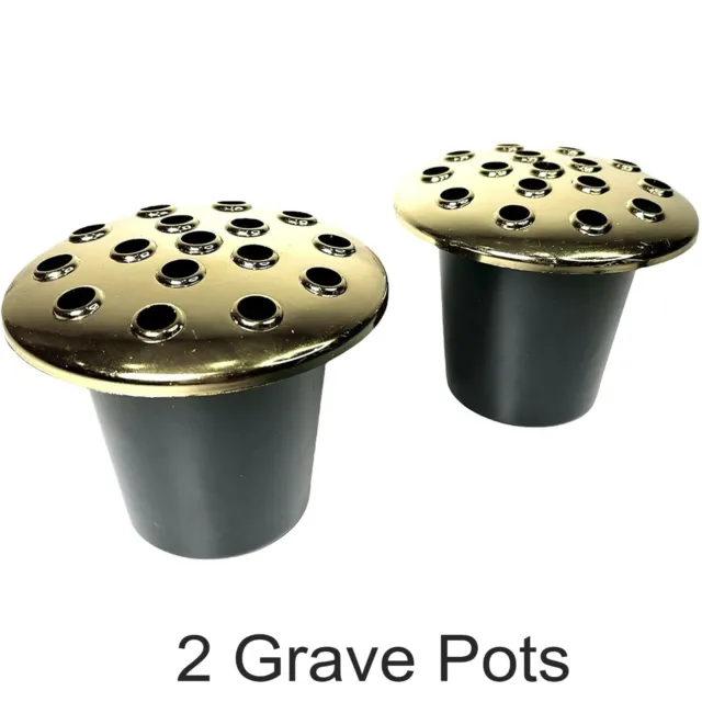 Set of 2 Gold & Black Plastic Memorial Grave Vase inserts Grave Pots