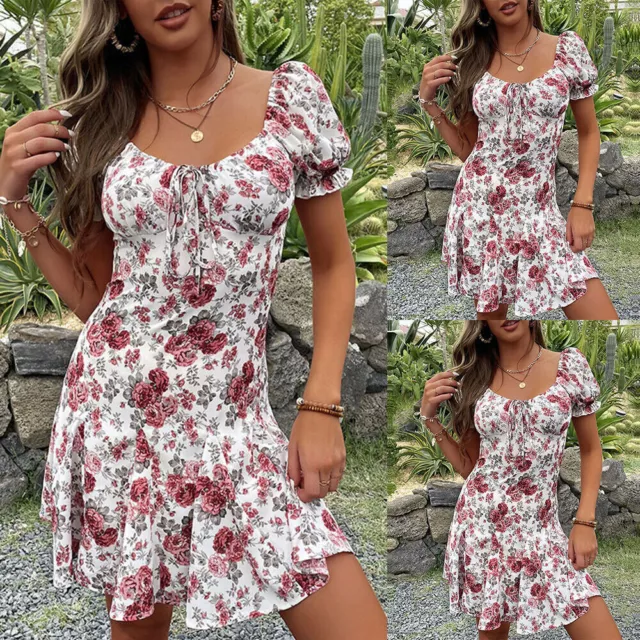 Womens Sexy Boho Floral Mini Dress Ladies Summer Holiday Beach Party Sundress UK