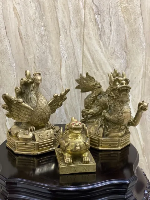 Dragon Brass Peacock Brass Chinese Statue Copper Statue 3 Pieces