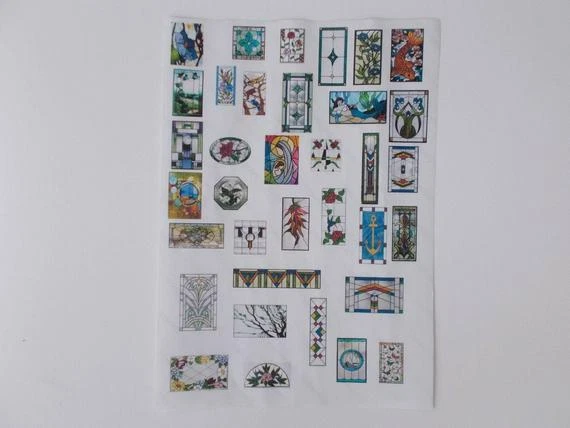Dollhouse 1/24 SCALE 35 Stained Glass Windows.2 SHEETS TRANSPARENT SELFADHESIVE