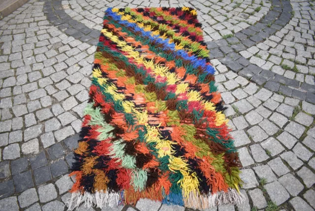 Turkish Colorful Tulu Rug 35'' x 82'' Vintage Rainbow Tulu Kilim Pile Area Rug 3