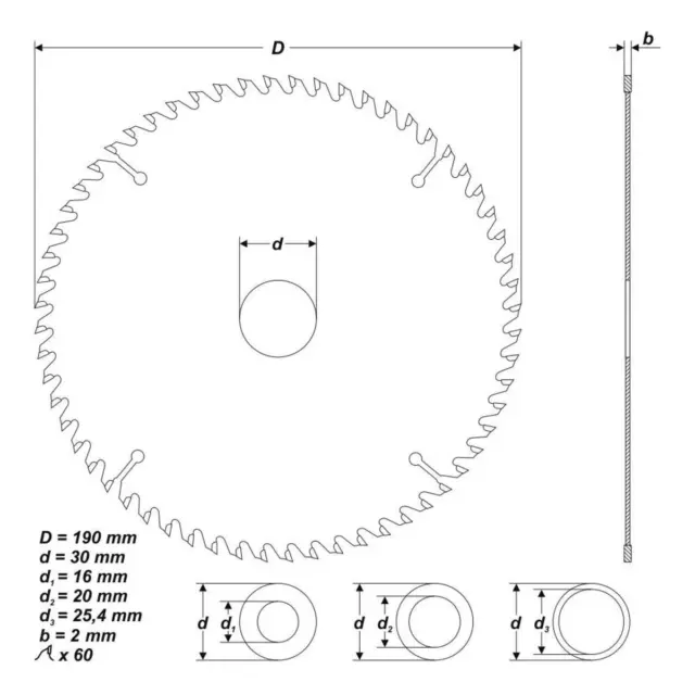 Kreissägeblatt Ø 190 x 30 mm 60 Z, HM-Sägeblatt für Kreissäge Wechselzahn Holz 2