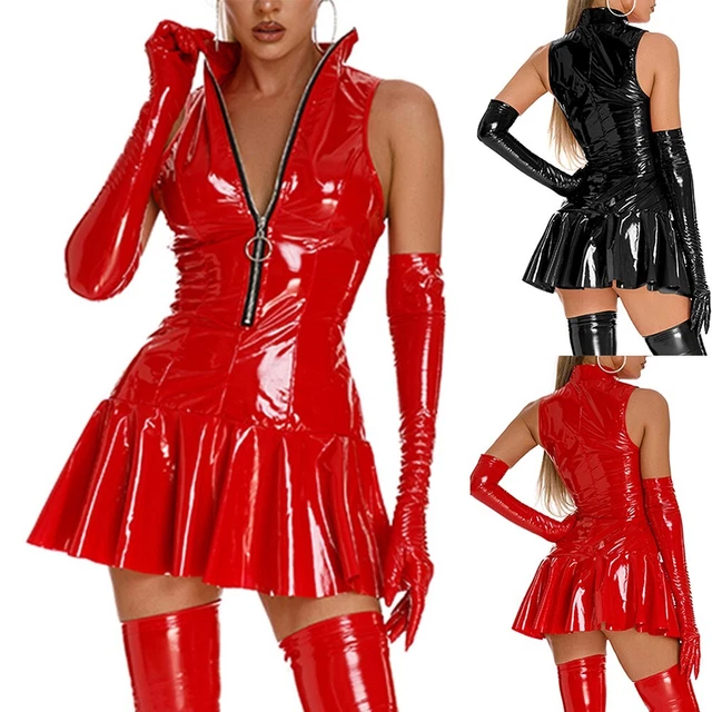 Femmes PVC Aspect Mouillé Cuir Zip-Up Avant Évasé Patineuse Robe Moulante