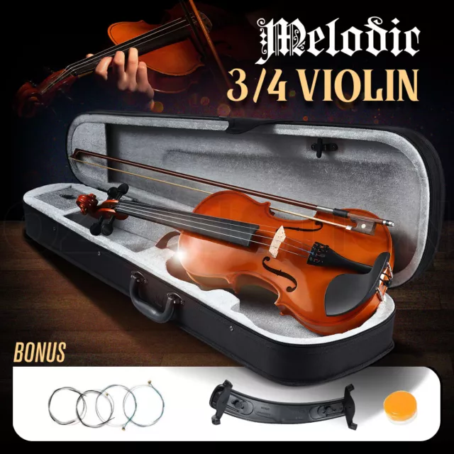 3/4 Acoustic Violin Kit Natural Varnish Finish with Case Bow Rosin 4 Strings