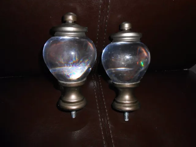 Set Of 2 Clear Acrylic Ball Gunmetal Drapery Curtain Rod Finials