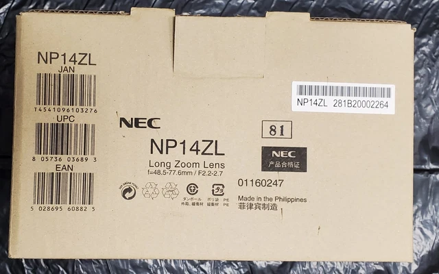 Lente zoom NEC 2.98 - 4.77:1 (desplazamiento de lente) NP14ZL NUEVO f=48.5-77.6 mm / F2.2-2.7 NUEVO