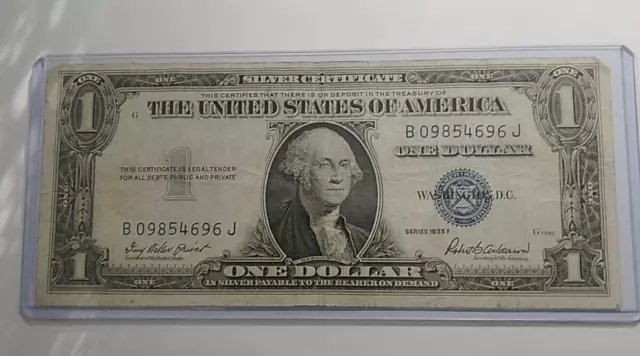 1935 F Silver Certificate, No Moto Blue Seal Old Currency Bank Note B 09854696 J