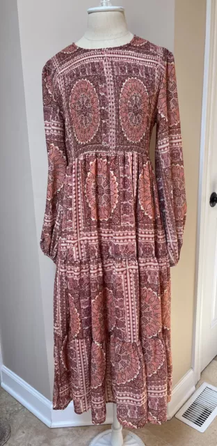 Bohme Smocked/tiered Long Sleeve Coral/rust Chiffon Maxi Dress NWT Size Medium