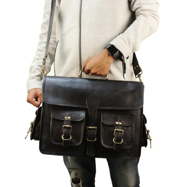 Men's Handmade Genuine Leather Vintage Laptop Messenger Briefcase Bag Satchel