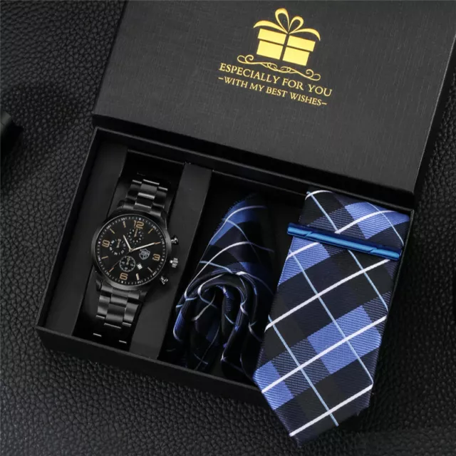 Fashion Men's Business Gift Set Neck Tie Clip with Quartz Analog Wrist Watch Box