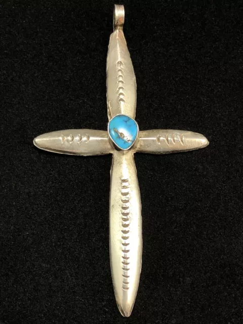 Old Pawn Sterling Silver And Turquoise Sand Cast Navajo Large Cross Pendant