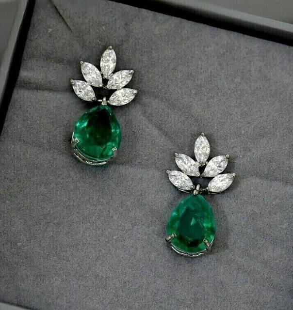 Lab Created Green Emerald 4Ct Pear Cut Drop/Dangle Earrings White Gold Plated
