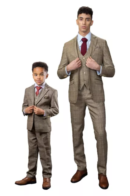 Mens Boys Tweed Suit Windowpane Check Father Son Beige Tailored Fit 3 Piece Set