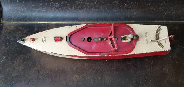 Jouet ancien en tôle bateau de bassin CANOT JEP N° 0 RUBAN BLEU mécanique