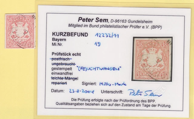## AD Bayern MiNr 19 gest. , KATALOGWERT = 220 EUR , BPP - BEFUND , LUXUS ##