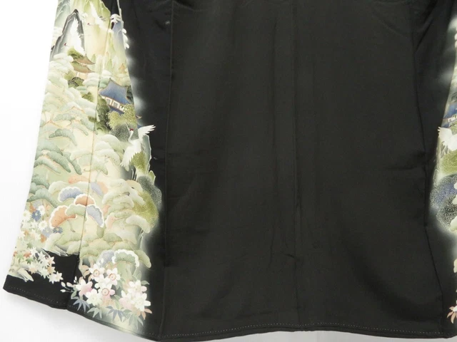 1702T04z800 Antique Japanese Kimono Silk TOMESODE Scenery Black 5