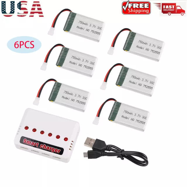 6pcs 3.7V 750mAh Lipo Battery 1S 30C with 6 in 1 Charger for Syma RC Quadcopter