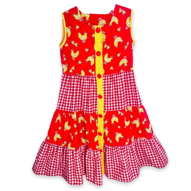 Vintage CI Castro Girls Bright Funky Chicken Print Sleeveless Dress 5 - 6