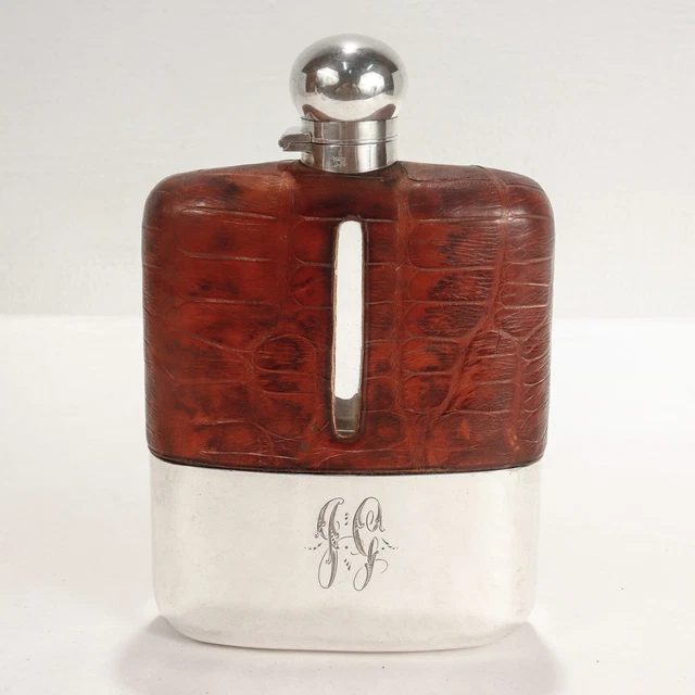 Antique Edwardian James Dixon & Sons Silver Plate & Leather Whiskey Hip Flask