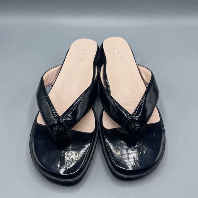 Taryn Rose Sandals Womens 11 M Shoes Black Patent Thong Low Heel Wedge Slip On