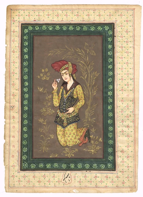 Belle Peinture Persane Miniature à La Main - Femme Fumant Le Narguilé, Gouache Sur Papier 15.2x27.9cm