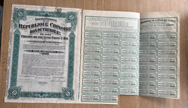 Chinese Republic Government Bond Lung Tsing U Hai Railway 1921 with Coupons
