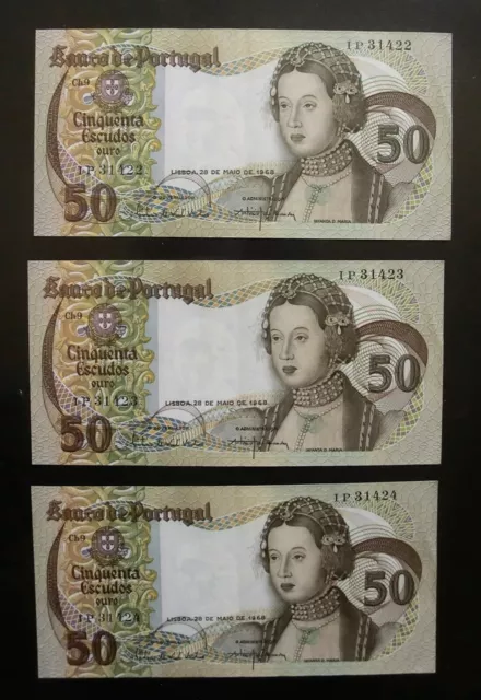 3 consec. Portugal 50 cinquentra Escudos banknotes 1968, EF, IP 31422 / 3 / 4