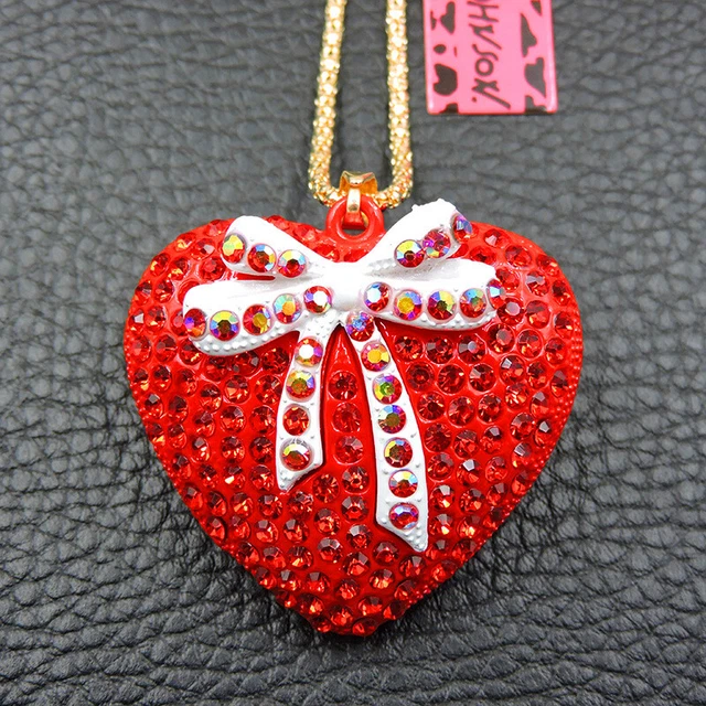 Betsey Johnson Pretty Inlay Red Bling Crystal Love Heart Sweater Chain Necklace