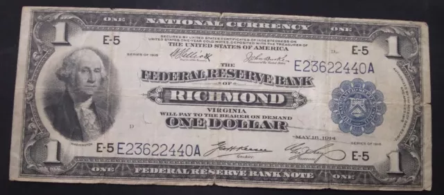 US 1914 $1 One Dollar Bill Federal Reserve Note Large Note Richmond Virginia