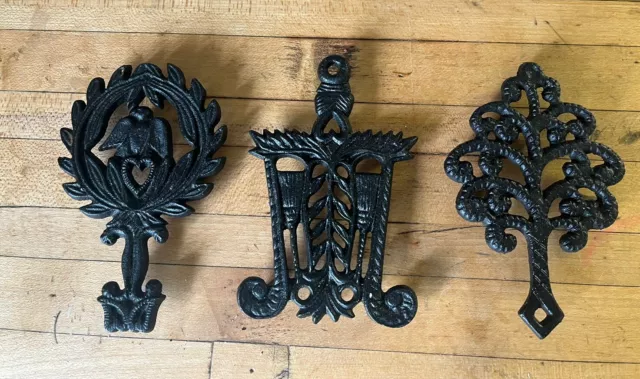 3 Vintage Black Cast Iron Heavy Trivet Hot Plate Kitchen MINIATURE Decoration 4"