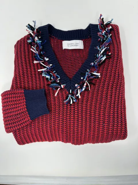 Derek Lam 10 Crosby Women's Sweater Red Navy Blue V-Neck Fringe Tassels Size S