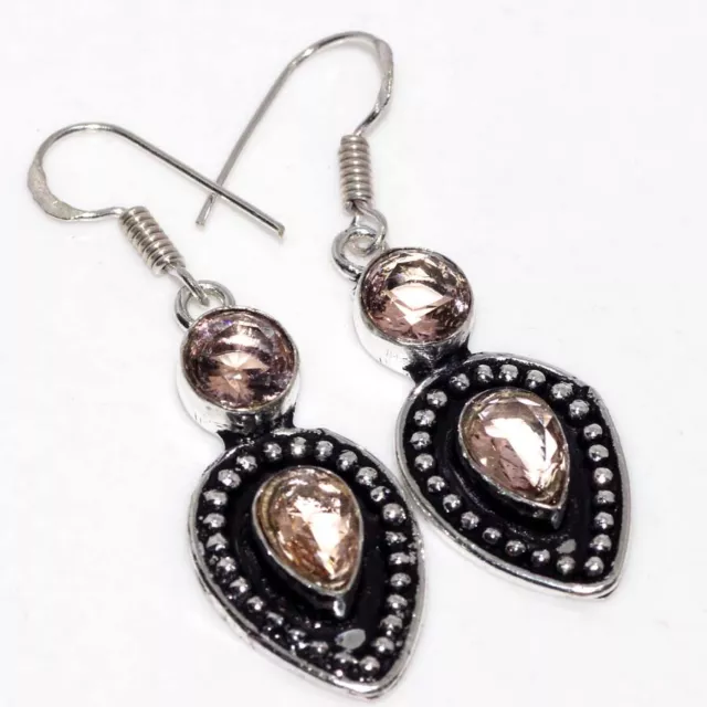 925 Silver Plated-Morganite Ethnic Long Gemstone Earrings Jewelry 2" AU P542