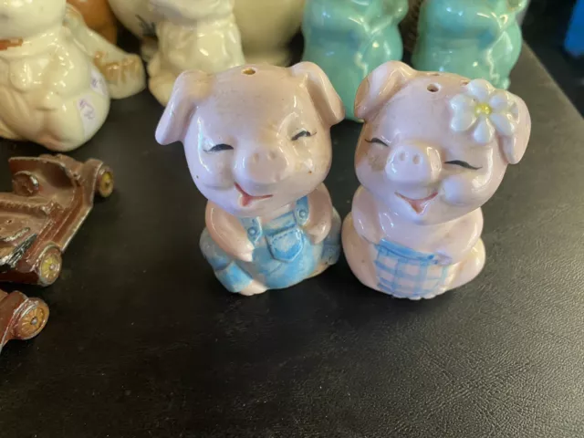 Happy Pink Pigs in Teal Overalls Salt And Pepper Shakers With Stoppers