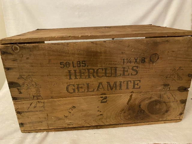 Vintage GRAPHIC HERCULES GELAMITE POWDER WOODEN CRATE 18.5” X 10.5” X 11.5”