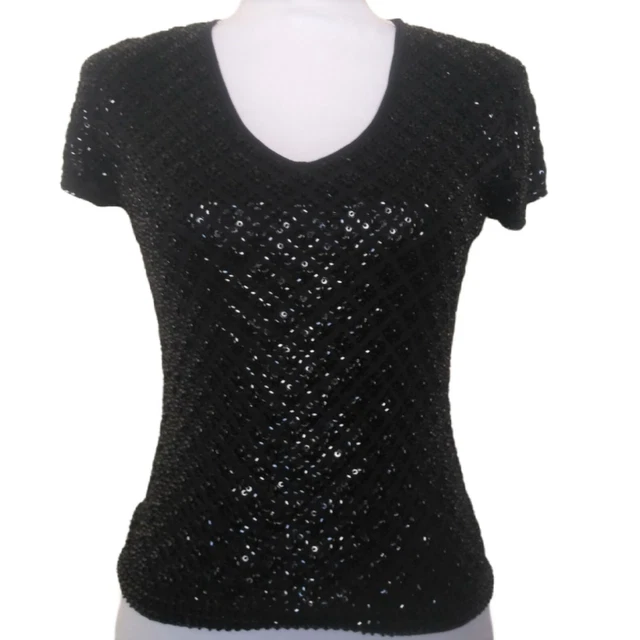 Ann Taylor Top XS Black Silk Beaded Diamond Short Sleeve Evening Blouse Sparkly
