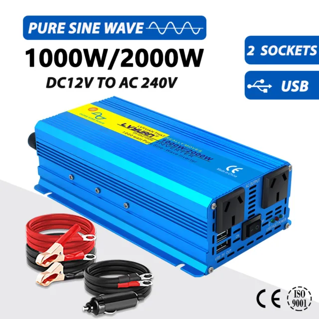 1000W 2000W Pure Sine Wave Power Inverter Dc 12v to Ac 240v Camping Travel RV
